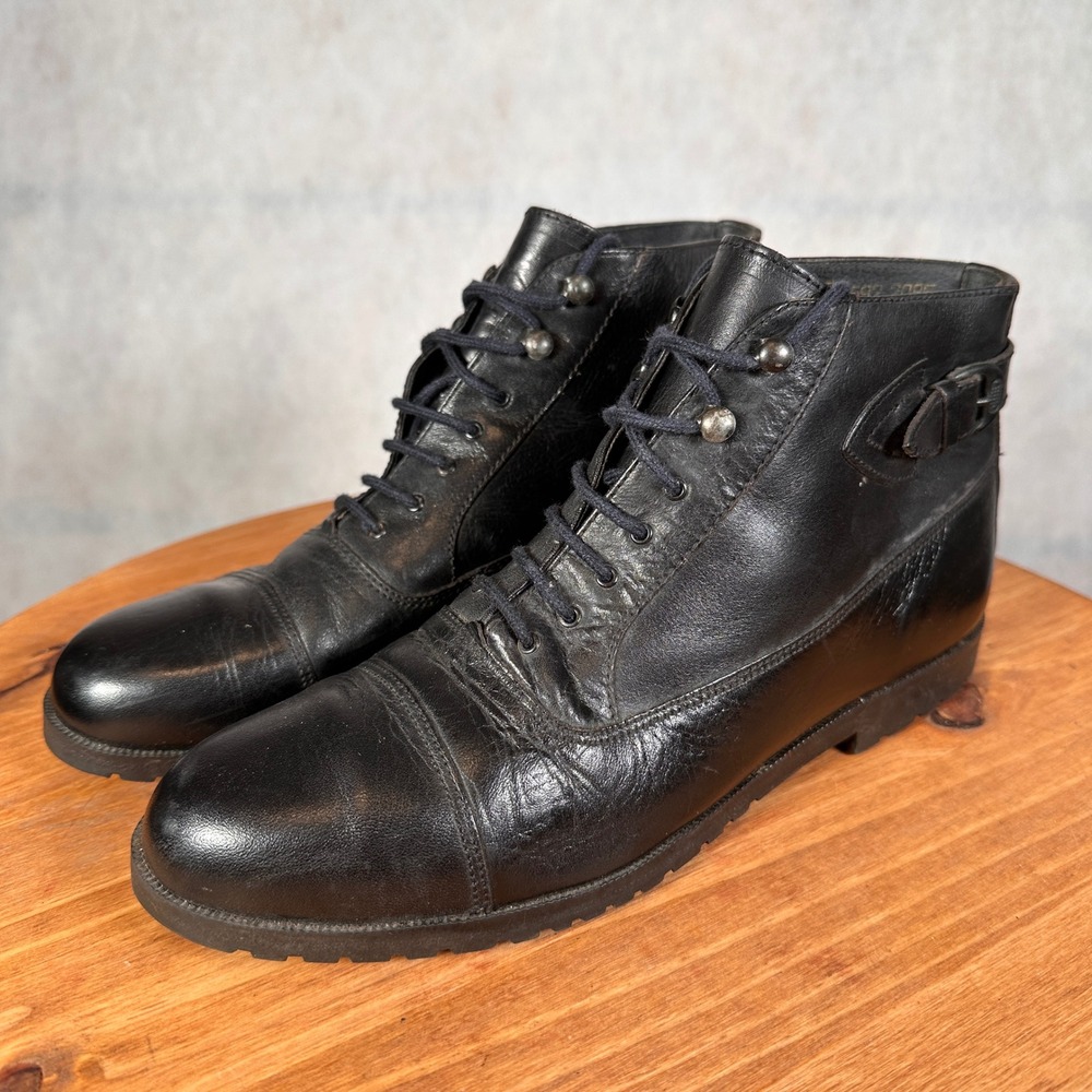 Sabree Leather Lace Up Ankle Boots Womens 7 Black Good Cap Toe Buckle 60928J
